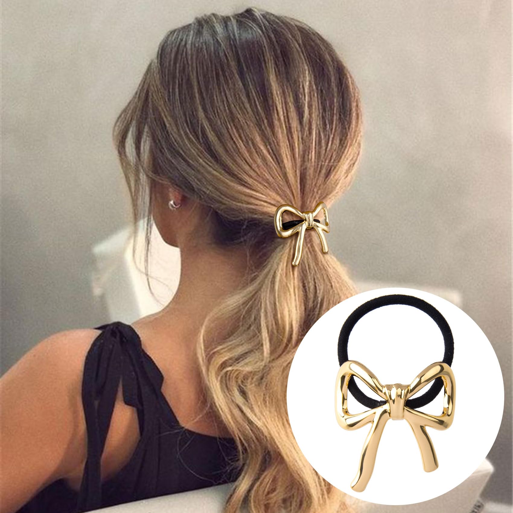 Hinzic 2Pcs Bow Hair Ties Gold Silver Bowknot Hair Scrunchies Elastics Metal Ponytail Holder Christmas Valentines Hair Accessori