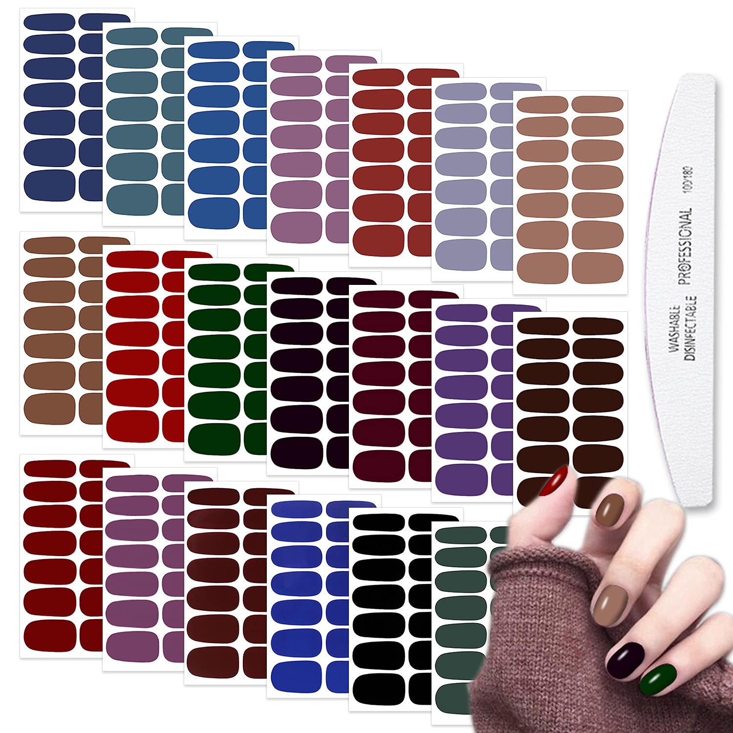 WOKOTO 20 Sheets Dark Solid Color Series Nail Polish Strips Stickers with Nail File Self-Adhesive Punk Rock Gel Nail Strips Full