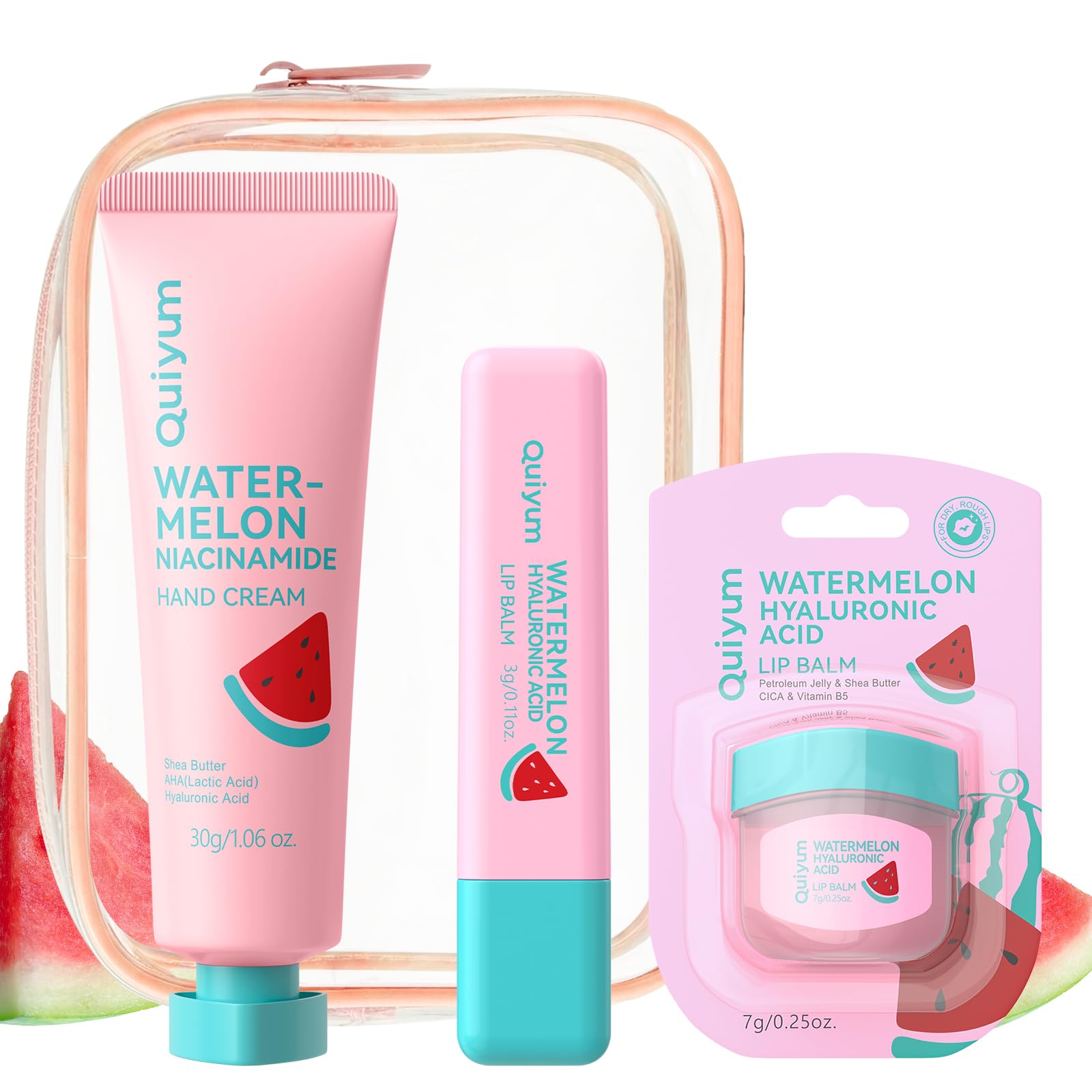 QUIYUM Watermelon Skincare Set 3 Pcs  Includes Hand Cream, Lip Balm Duo