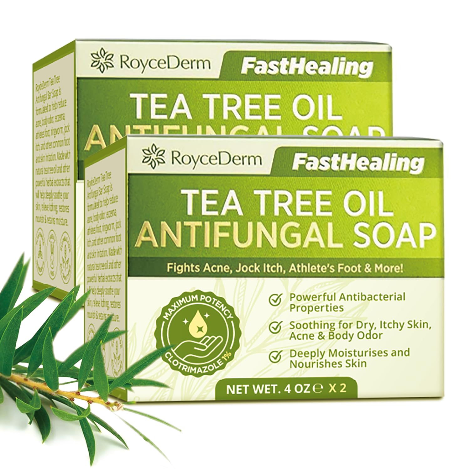 Roycederm Antifungal Antibacterial Tea Tree Soap: for Face & Body Acne, Athlete's Foot, Tinea, Folliculitis Ringworm Jock Itch -