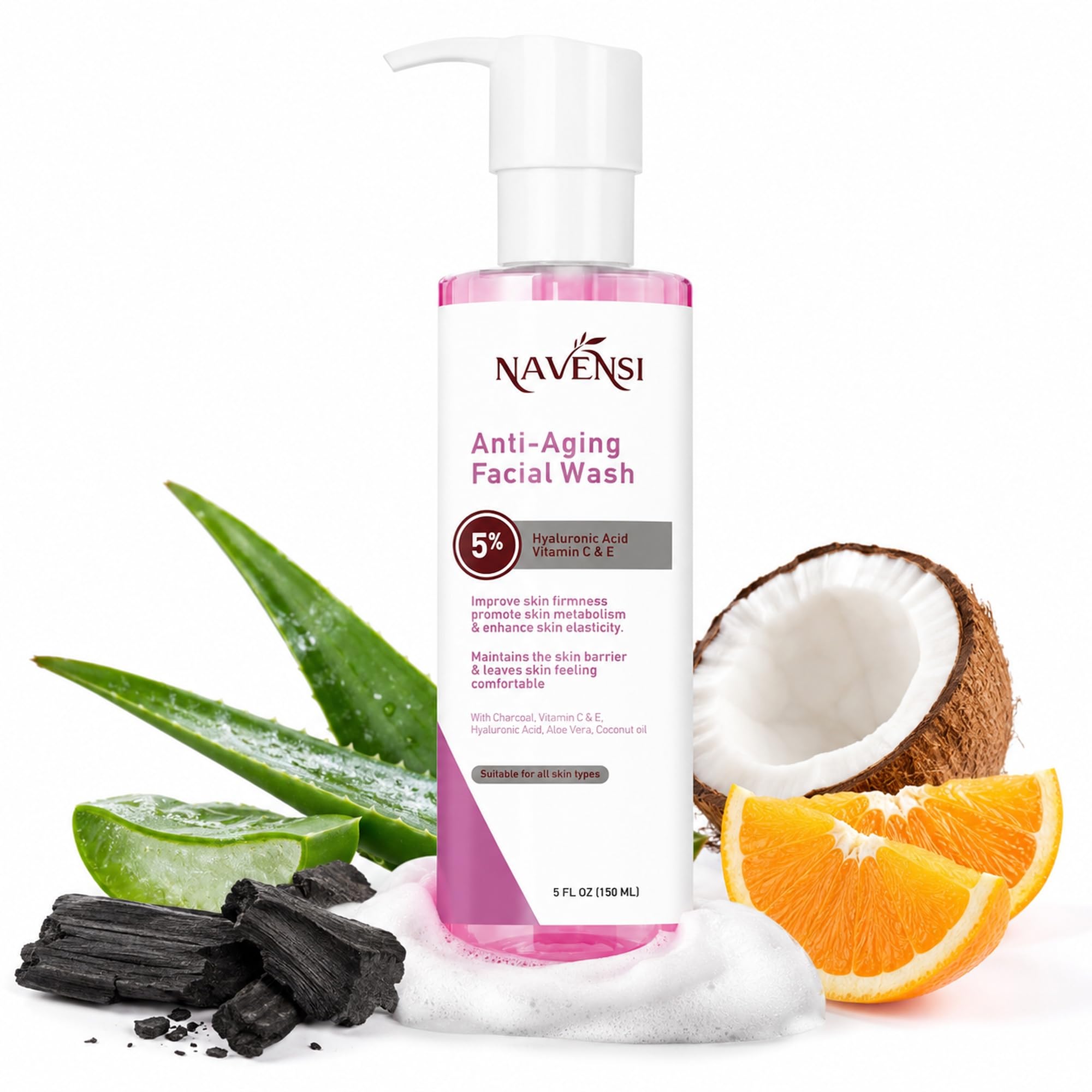 Navensi Anti Aging Face Wash 150ml | Hyaluronic Acid, Manuka Honey, Charcoal & Aloe Vera Facial Wash For Women & Men | Deep Clea