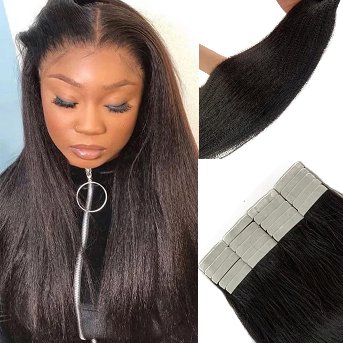 Yaki Straight Tape In Hair Extensions Human Hair Light Yaki Skin Weft Tape In Extensions Human Hair #1B Natural Color Yaki Strai