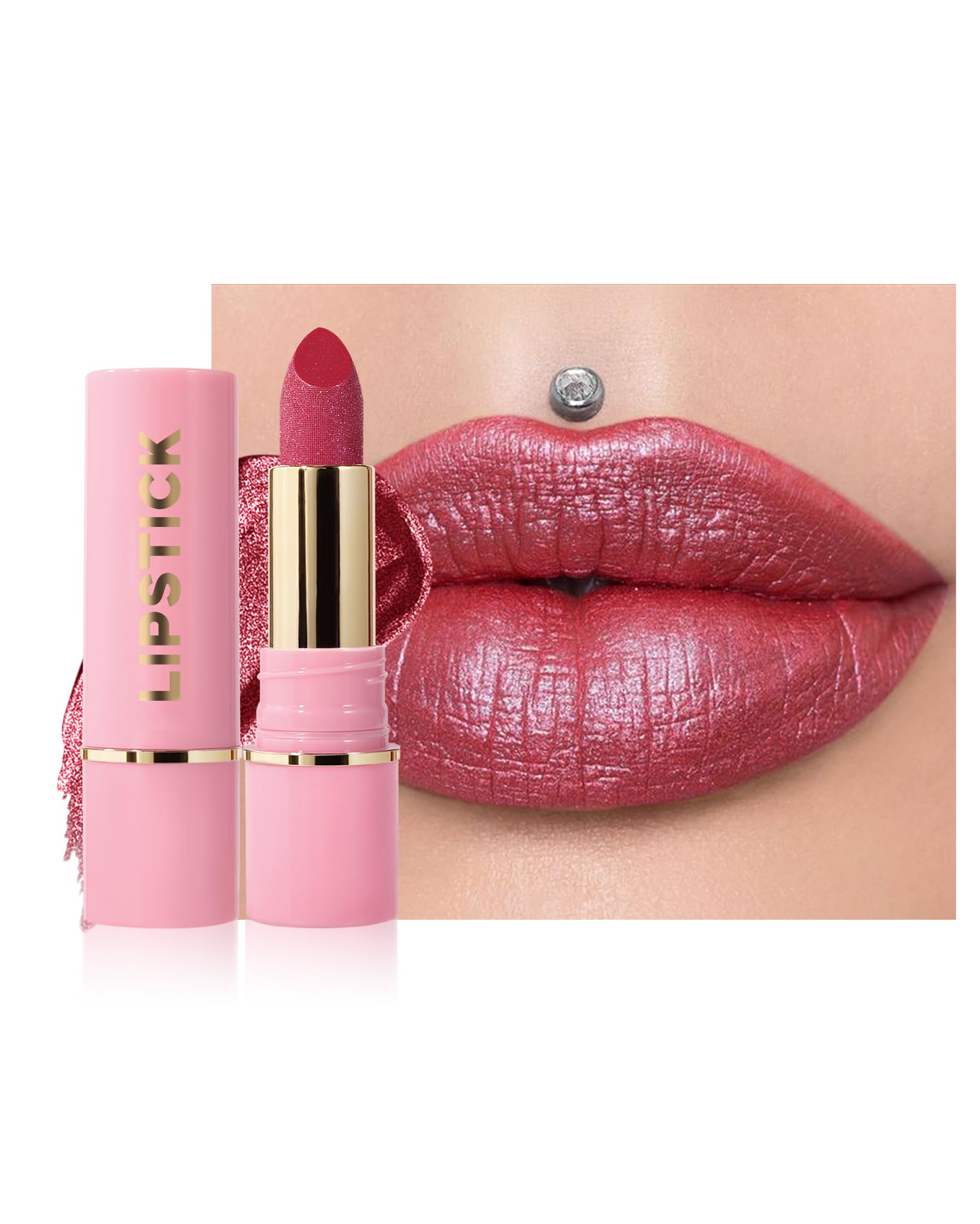 Diamond Glitter Matte Lipstick,Rose Red Metallic Shimmer Lip Gloss Lip Tint Stain,Longlasting Waterproof Non-Stick Lip Color,Ful