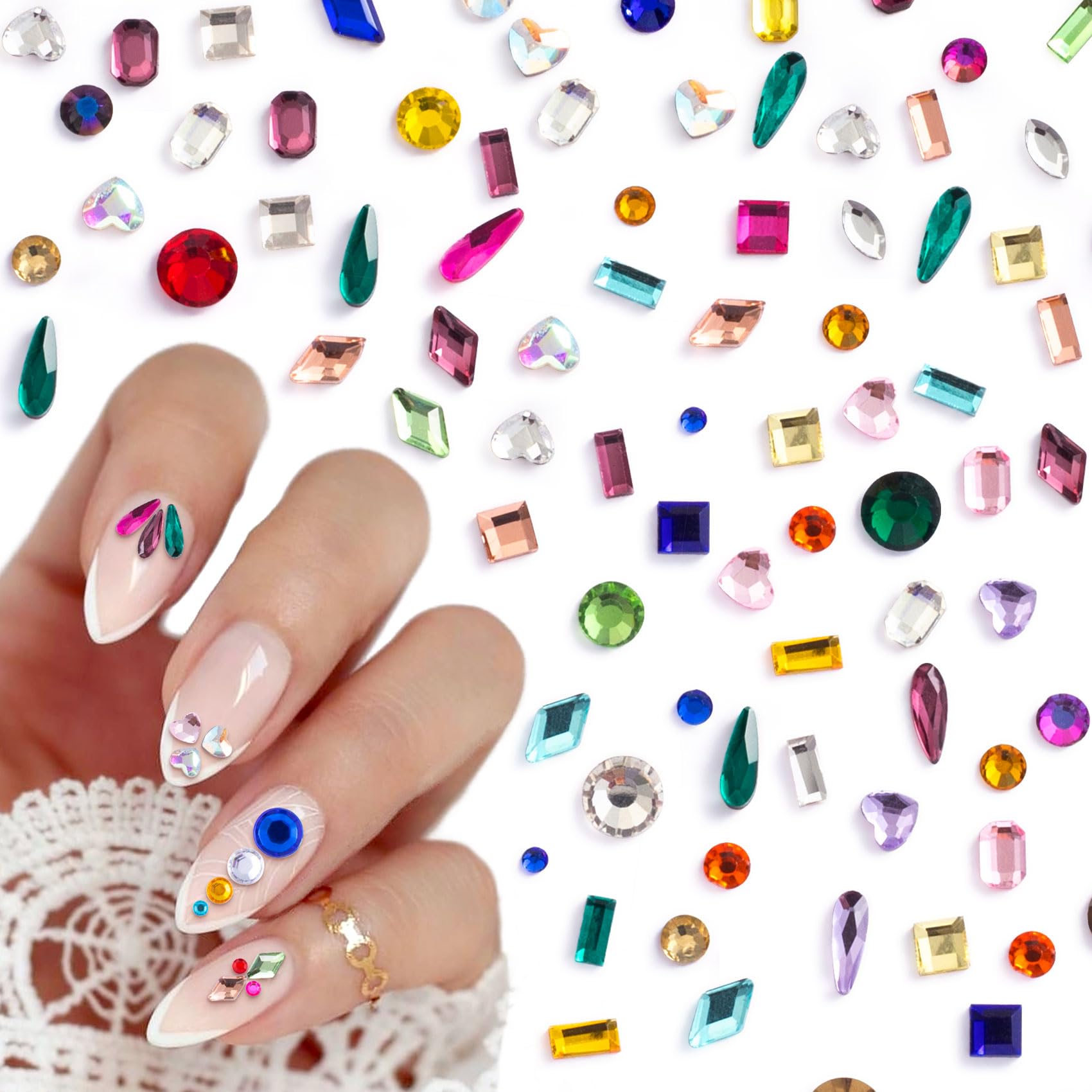 HINZIC 510pcs Rhinestones Nail Art Charm, Flatback Gems Colorful Crystal Glass Jewels Halloween Face Clothes Shoes Decor Bead, M