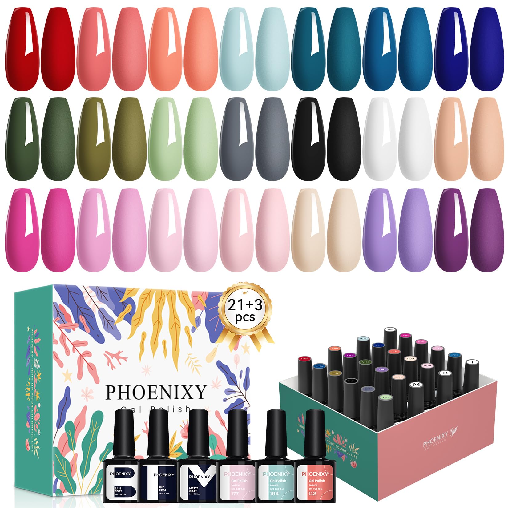 PHOENIXY 24 PCS Gel Nail Polish Set, Spring 21 Colors 8ml Gel Nail Polish Kit with Base Glossy Matte Top Coat Black Gray Red Nai