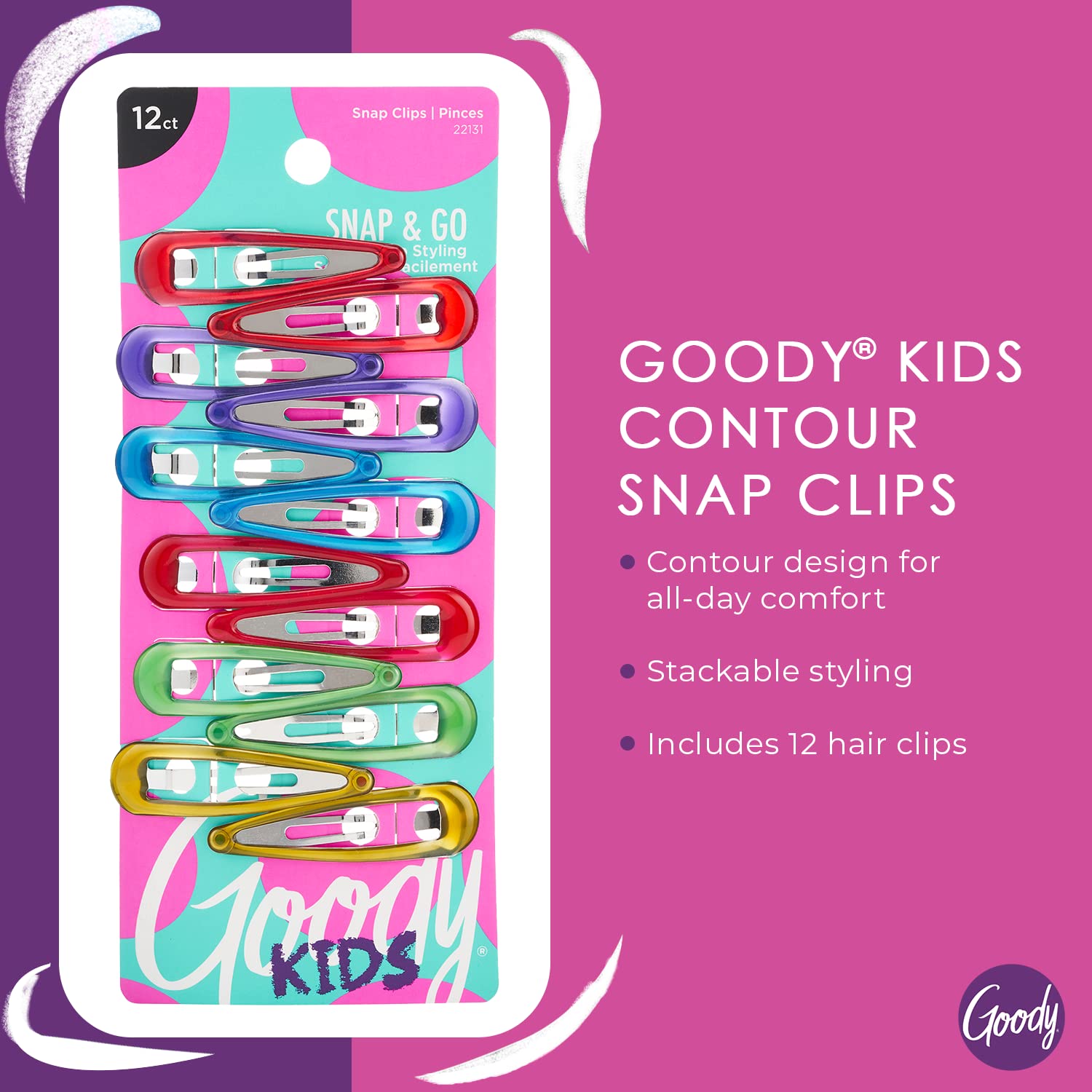 Goody Kids Contour Snap Clips - 12 Count, Assorted Colors - Just Snap Into Place - Suitable For All Hair Types - Pain-Free Hair
