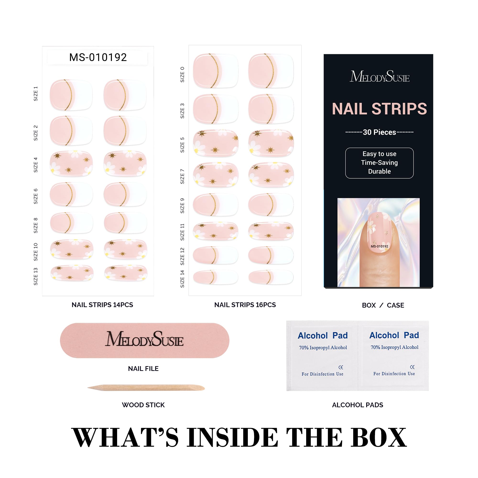 Melodysusie 30Pcs Semi Cured Gel Nail Strips (French Tips Flowers)- Works With Nail Lamp, Salon-Quality, Long Lasting, Easy To A