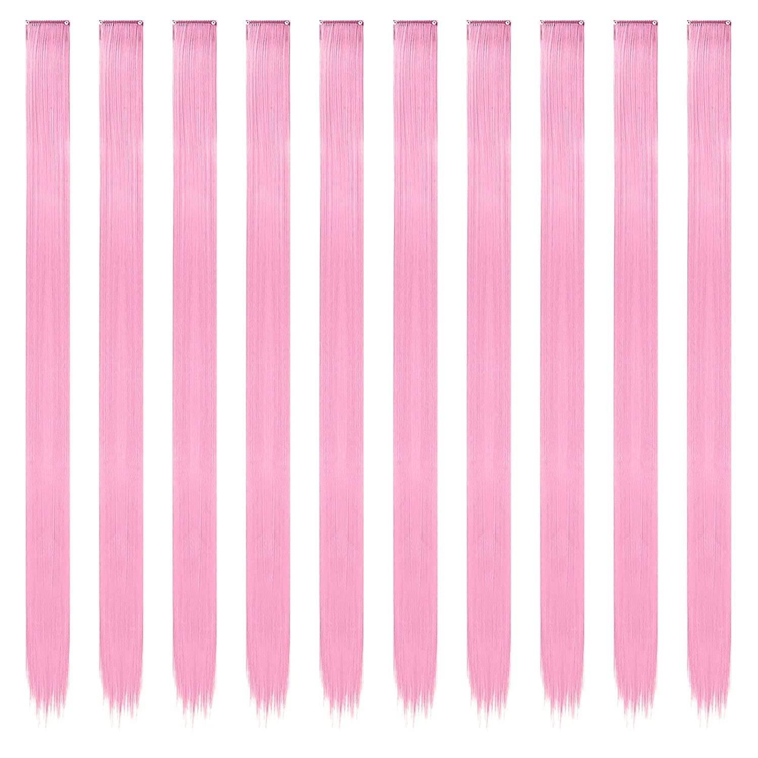 FESHFEN Colored Pink Clip in Hair Extensions, 10 PCS Pink Hairpieces Highlight Colorful Straight Synthetic Clip in Hair Pieces f