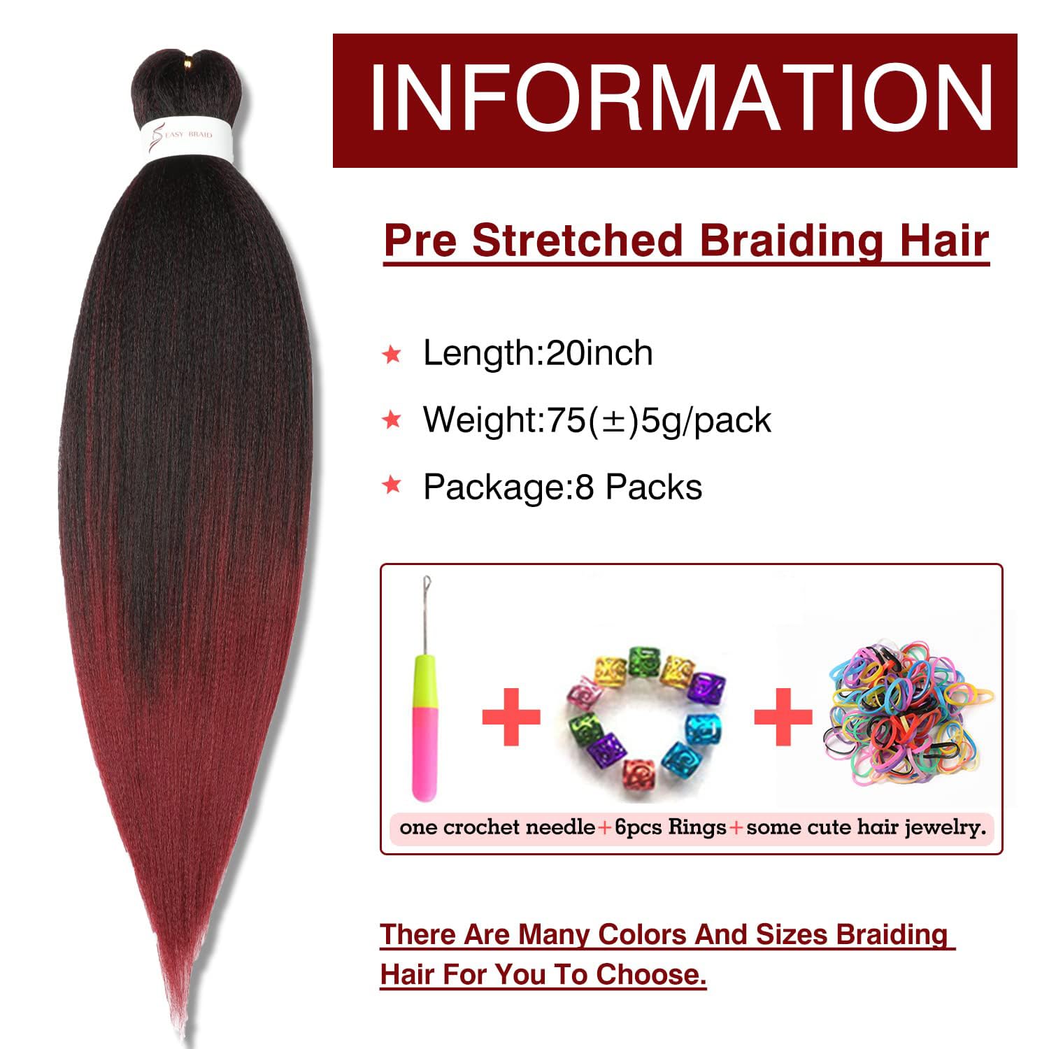 Pre-Stretched Braiding Hair Extension Ombre Black To Burgundy Professional Crochet Braiding Hair 20 Inch 8 Packs Hot Water Setti
