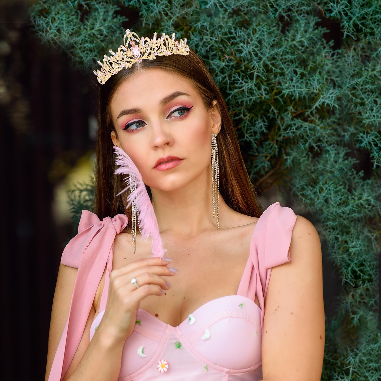 Cieher Pink Crown For Women Girls Pink Tiara Princess Crown, Crystal Crowns For Women Crown For Birthday Prom Party Halloween Co