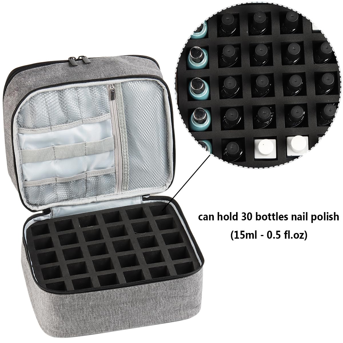 Fcozpjk Nail Polish Carrying Case, Portable Nail Polish Organizer Holds 30 Bottles, Nail Polish Holder Case With Removable Secti