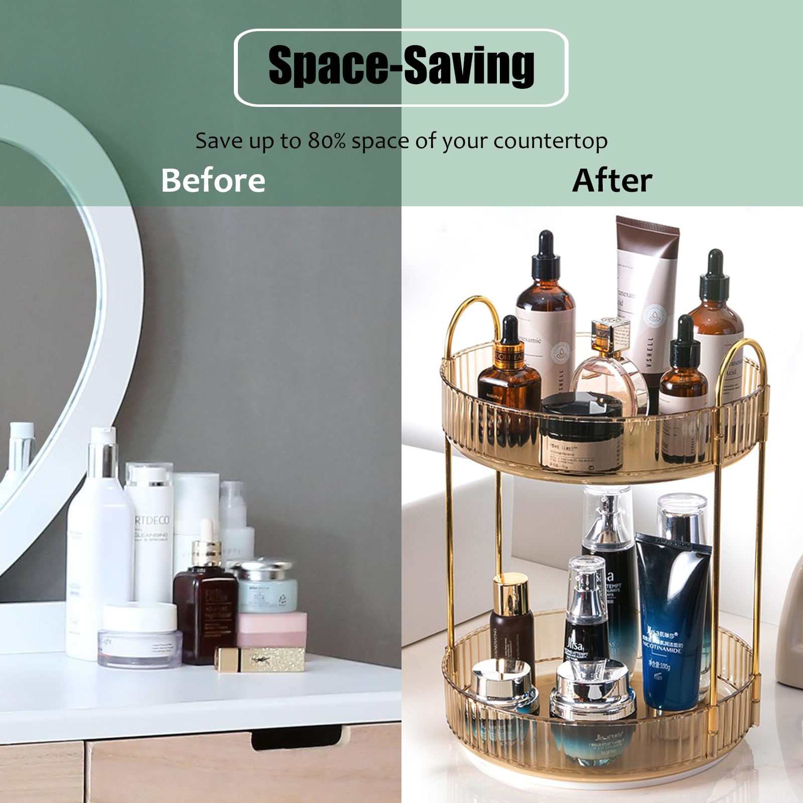 Zufudo Rotating Makeup Organizer 2 Tier Lazy Susan Trays Skincare Perfume Organizer For Bathroom Counter Vanity, Amber Gold