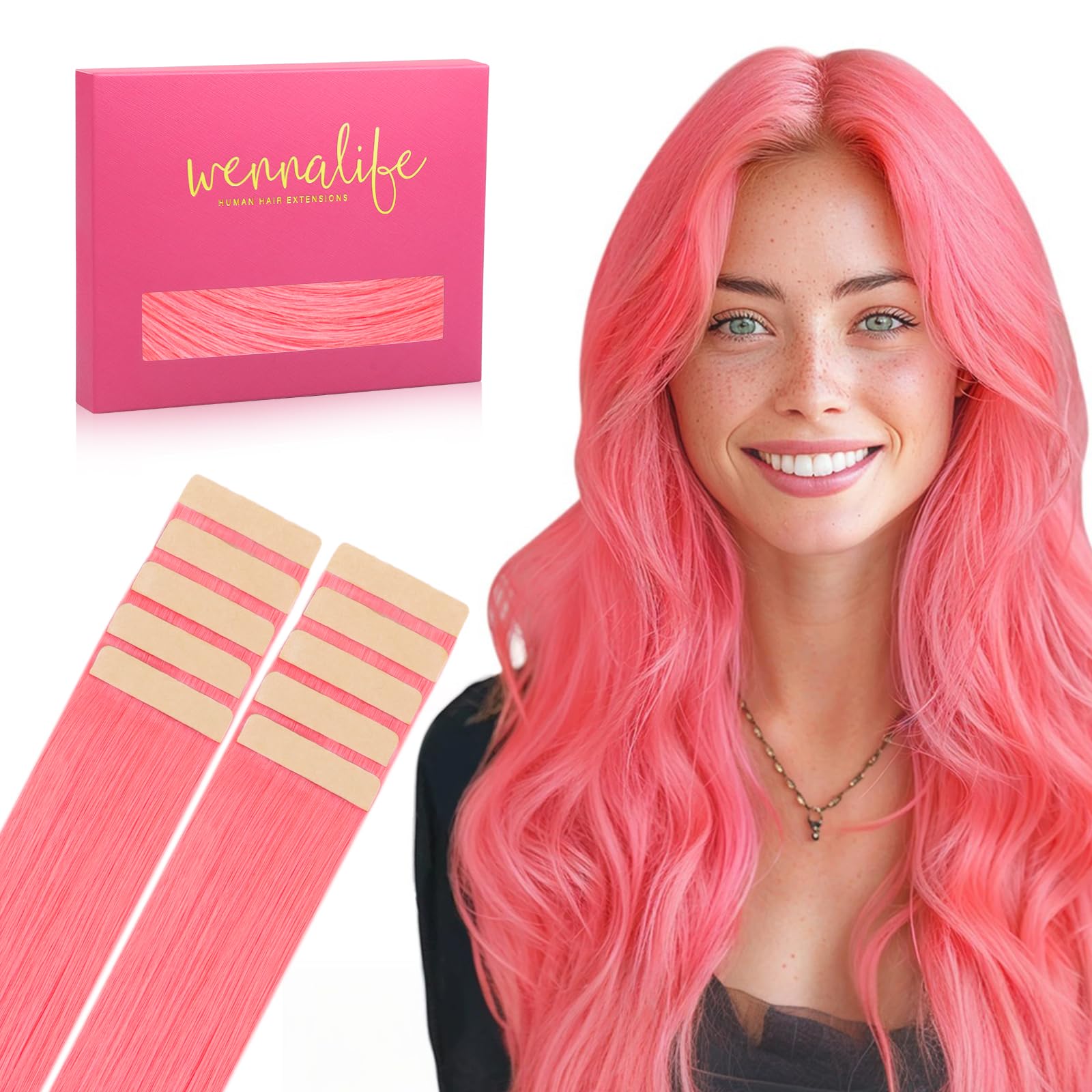 Wennalife Tape In Hair Extensions Human Hair Light Pink Tape In Extensions, 10Pcs 25G 14 Inch Remy Invisible Tape Ins Straight C