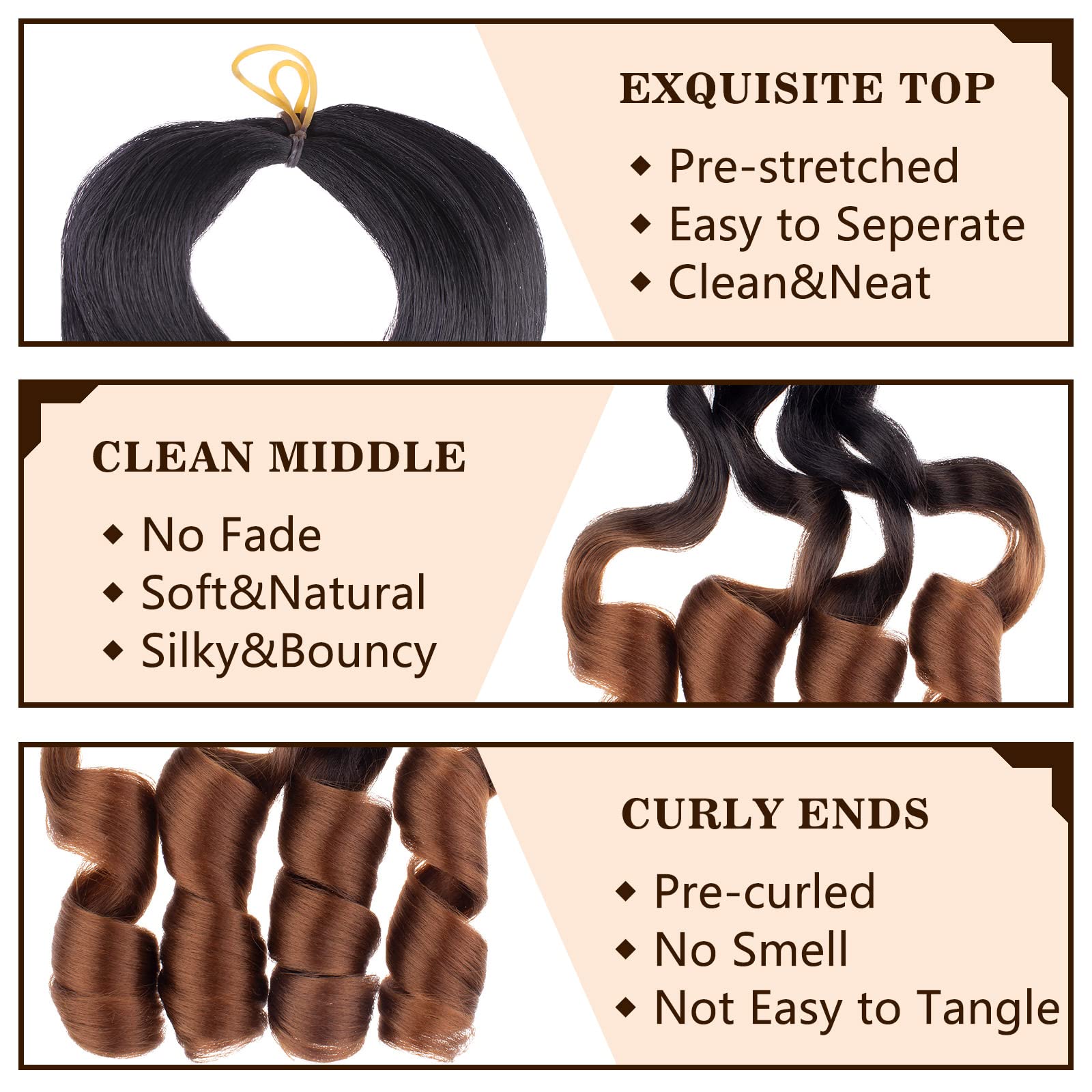 Cookoo 9 Pcs Pre Stretched French Curly Braiding Hair 18 Inch Ombre Brown Braiding Hair For Women Bouncy French Curl Hair Spanis