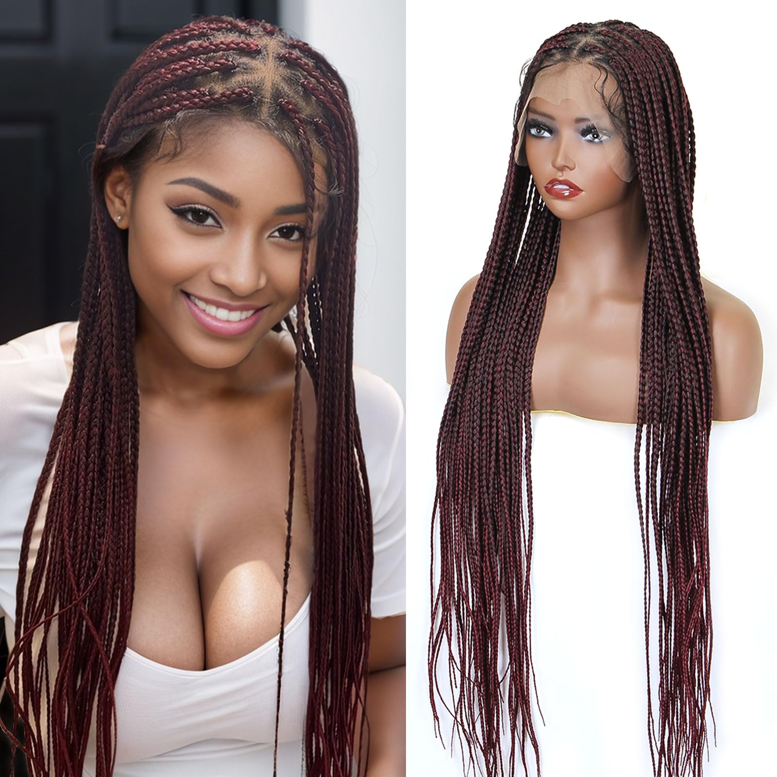 KRALER 36 inch Knotless Box Braided Wigs for African American Women, Ombre Burgundy Box Braids Triangle Embroidery Full Double L