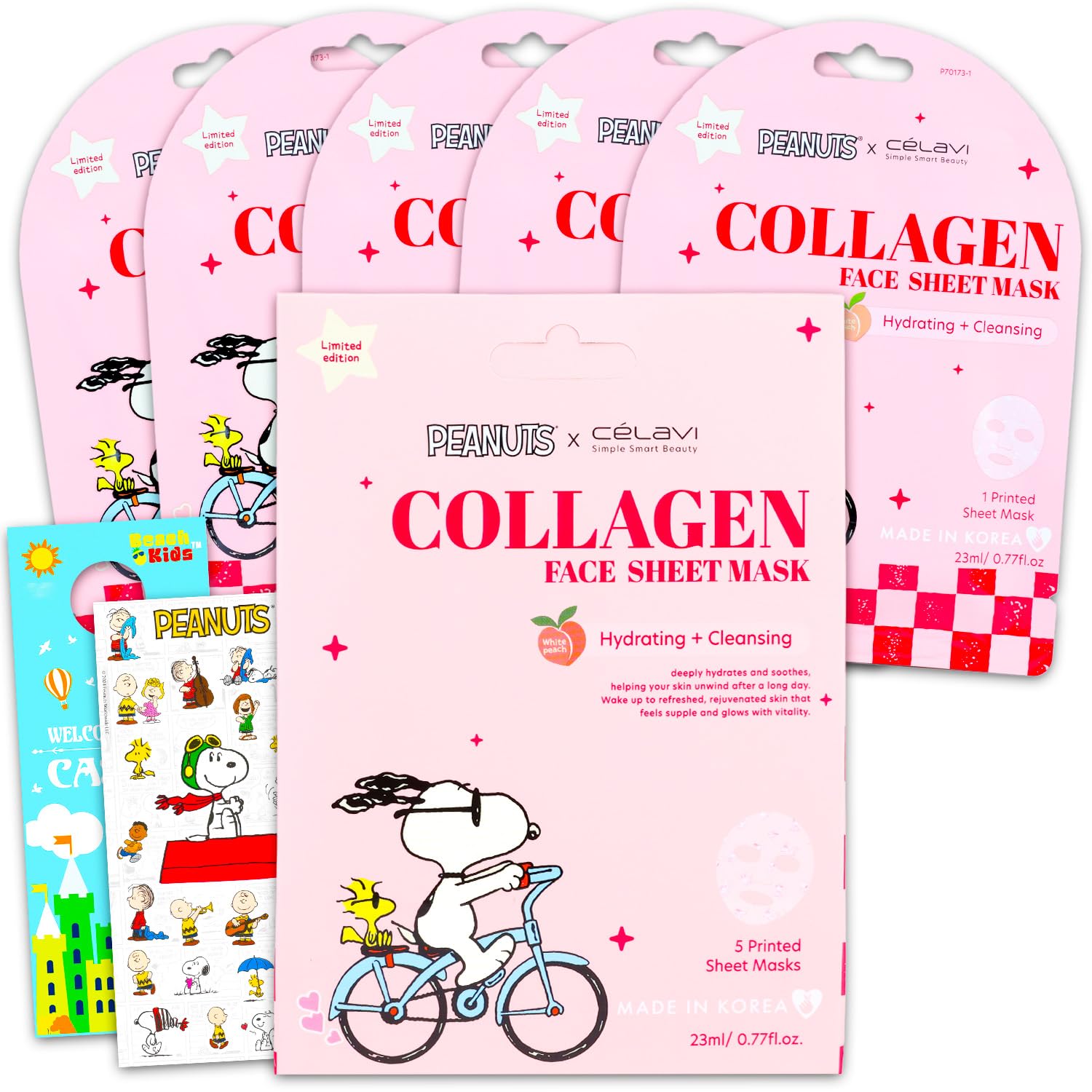 Peanuts x Celavi White Peach Face Mask 5 Pack  Bundle with 5 Snoopy Sheet Masks Made in Korea with Collagen for Hydrating and C