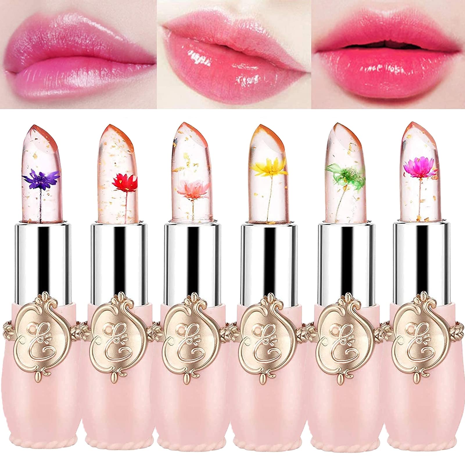 Petansy 6 Pack Crystal Jelly Flower Lipstick Set, Nutritious Temperature Change Lip Balm Long Lasting Moisturizer Lip Gloss Magi