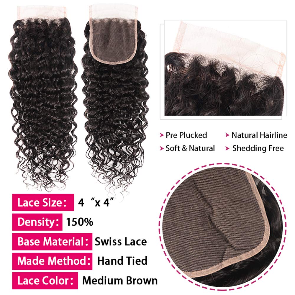 Water Wave 3 Bundles With Closure (20 22 24+18) Brazilian Virgin Human Hair 100% Unprocessed Ocean Wave Curly Hair 3 Bundles Wit