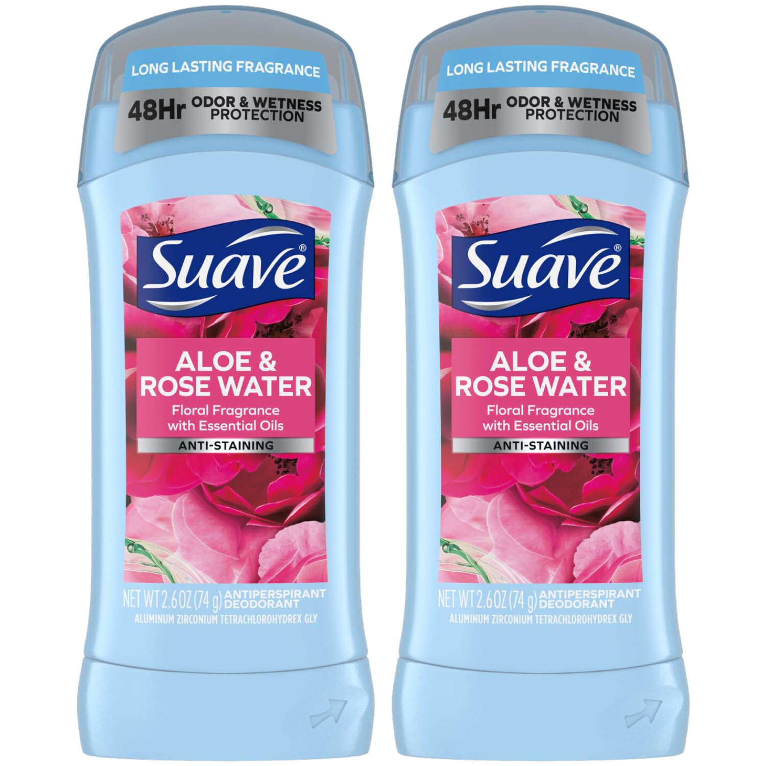 Suave Deodorant For Women, Aloe & Rose Water - Invisible Solid Antiperspirant Deodorant Stick, 48H Protection, Anti-Staining, Cr