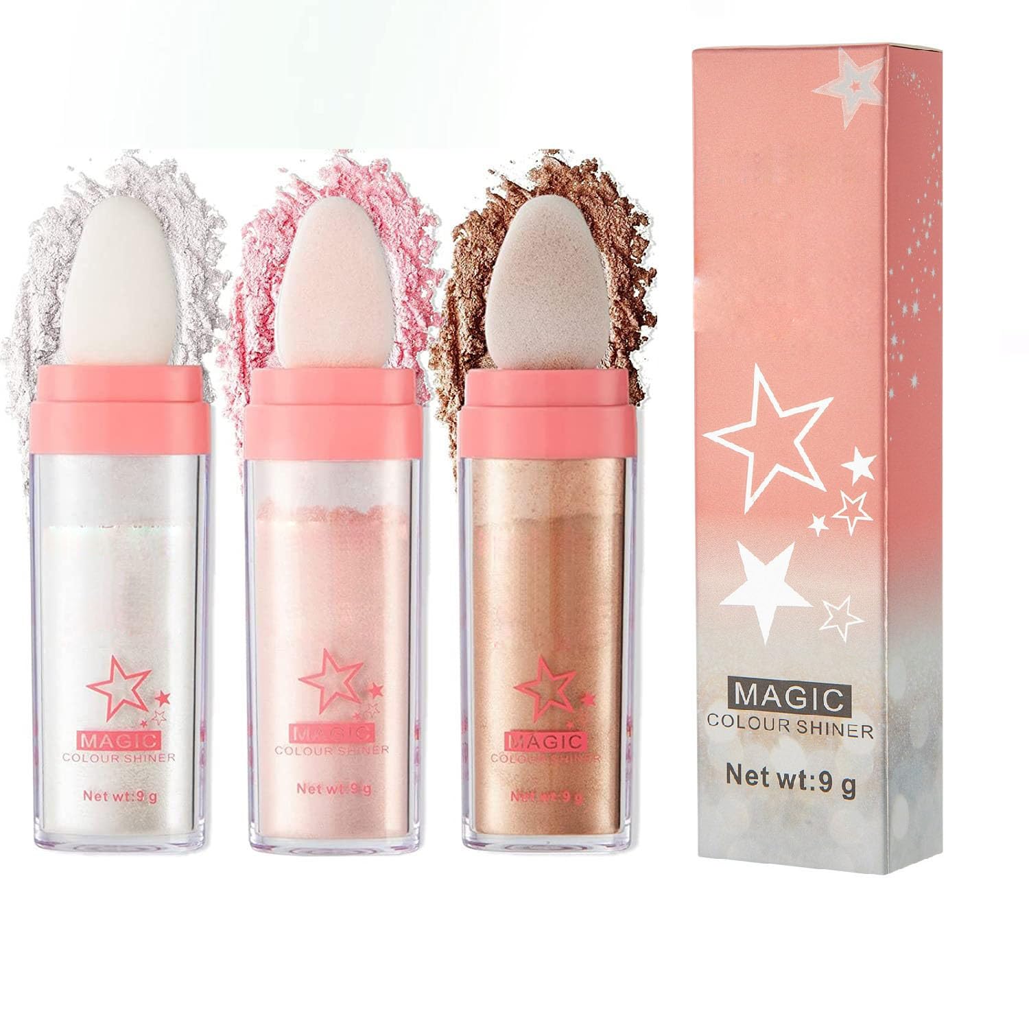 3 Color Glitter Powder Highlighter Makeup, Body Brightens the Natural Three-Dimensional Face Blusher Fairy Highlight Patting Pow