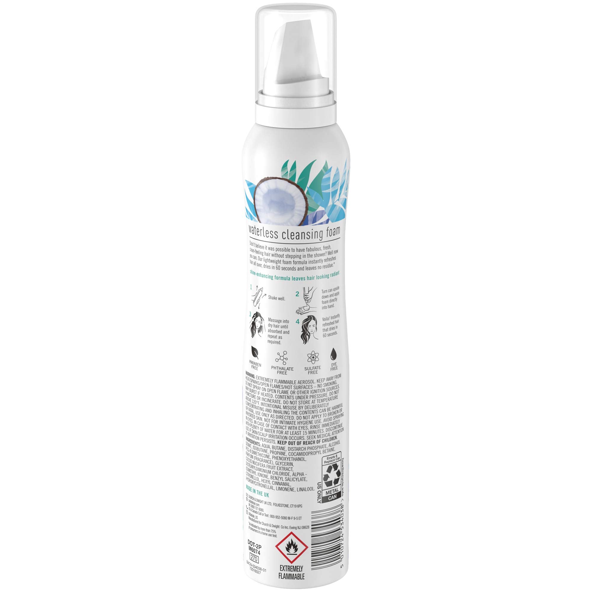 Batiste Waterless Cleansing Foam Cleanse + Shine With Coconut Milk, 3.6 Oz