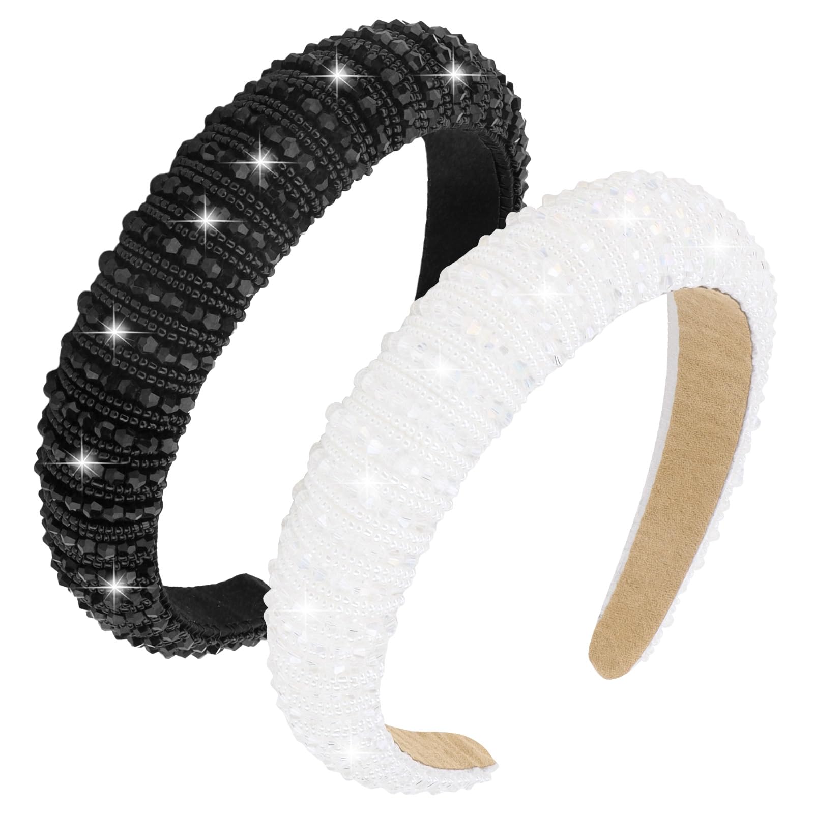 Wecoe 2pcs White Black Rhinestone Headbands Women Girls Crystal Beaded Headband Fashion Cute Bling Sparkly Diamond Padded Thick 