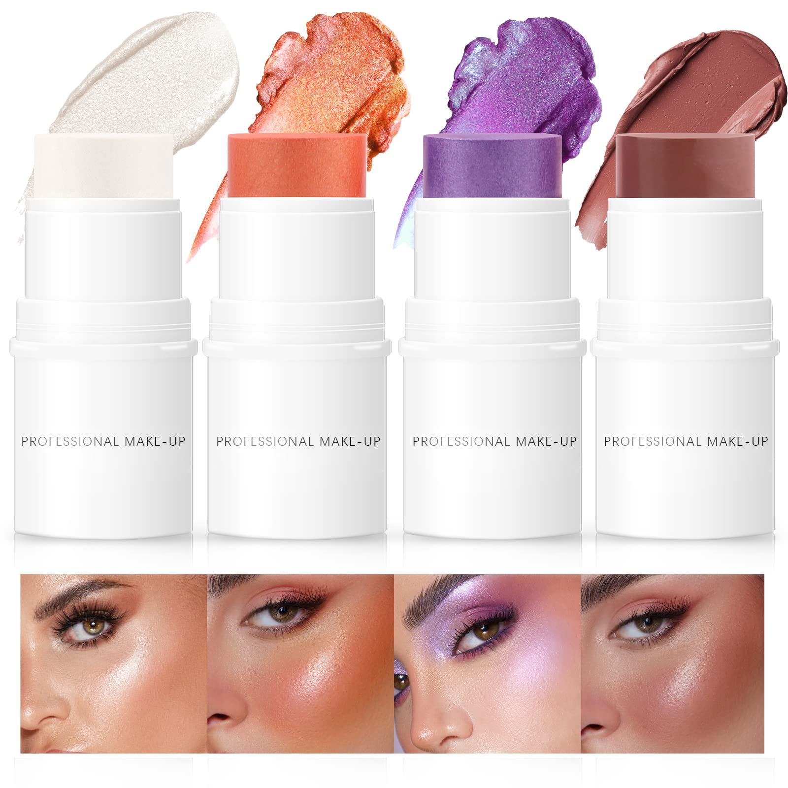 HOSAILY 4 Colors Cream Blush Highlighter Contour Blush Stick Creamy Cosmetics Stick Set, 4 in 1 Waterproof and Long Lasting Bron
