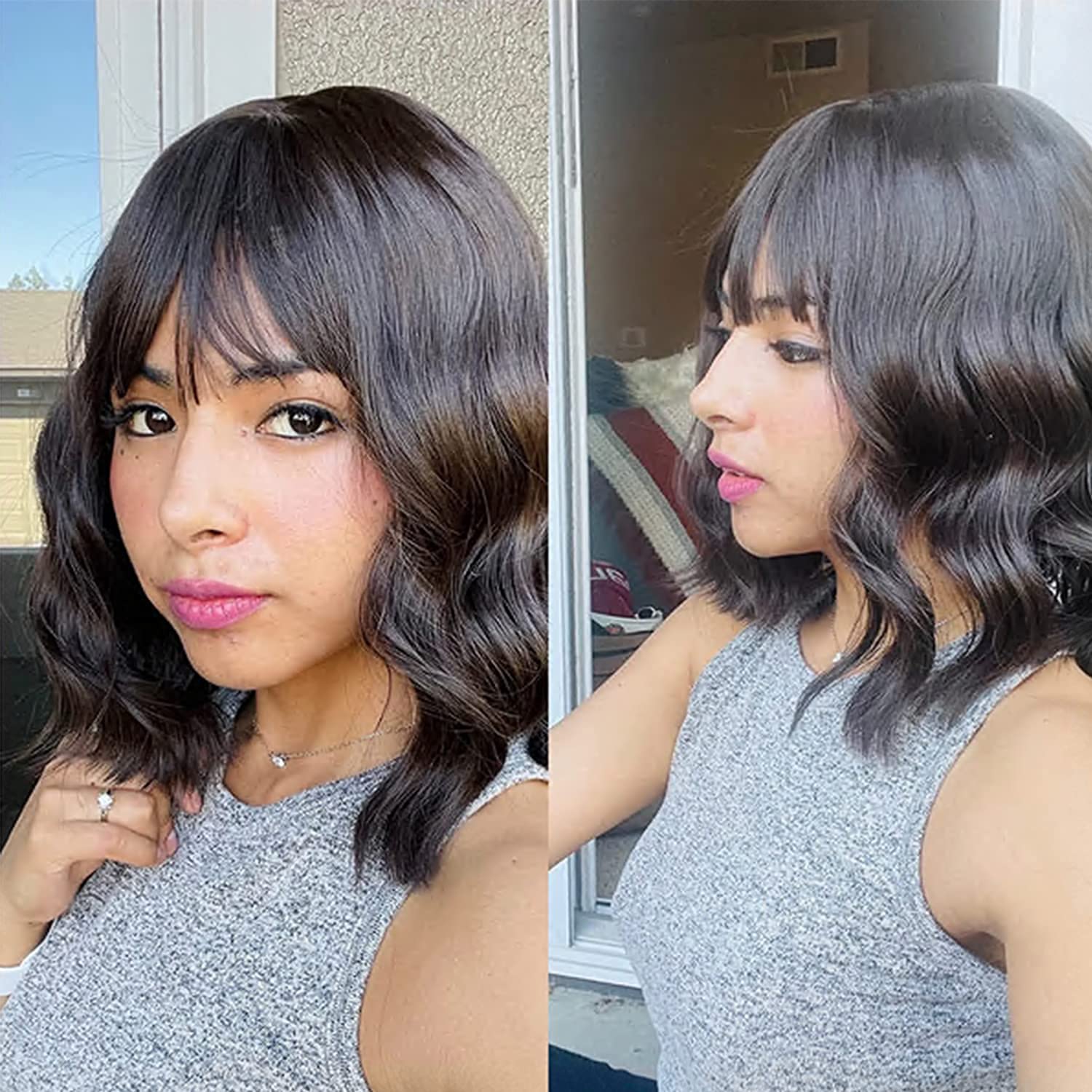 VCKOVCKO Short Bob Wigs Natural Brown Wavy Wig With Air Bangs Women's Shoulder Length Wigs Curly Wavy Synthetic Cosplay Wig Past