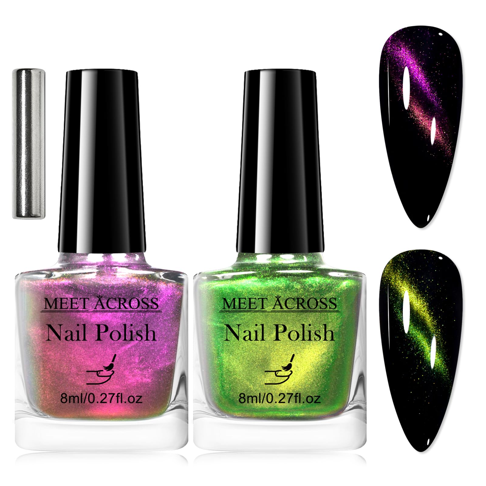 MEET ACROSS 3Pcs Magnetic Nail Polish with Magnetic Stick Kit, Glitter Nail Polish Non Gel, Quick Dry 2 Colors (Red+Green)
