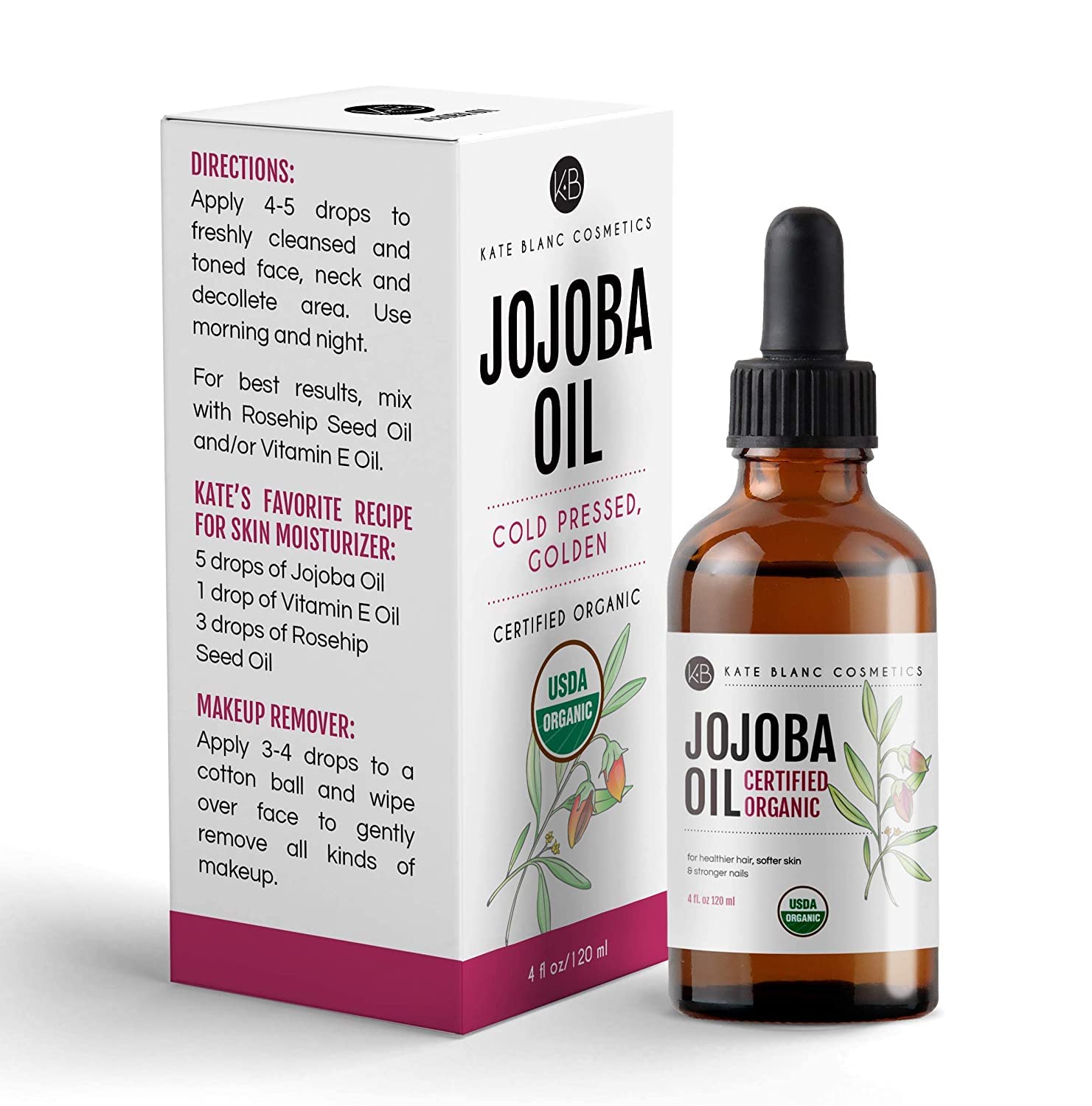 Kate Blanc Cosmetics Jojoba Oil For Hair Growth, Skin & Face (2Oz) Facial Oil For Gua Sha Massage. 100% Pure & Natural Hair Oil