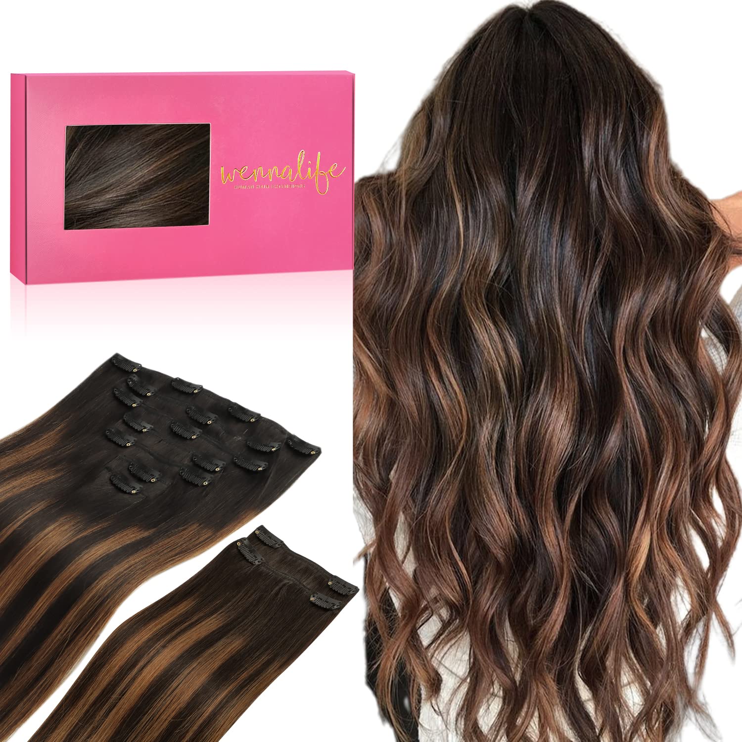 Wennalife Clip In Hair Extensions, 150G 18 Inch 9Pcs Balayage Natural Black To Chestnut Brown Human Hair Extensions Thicker Clip
