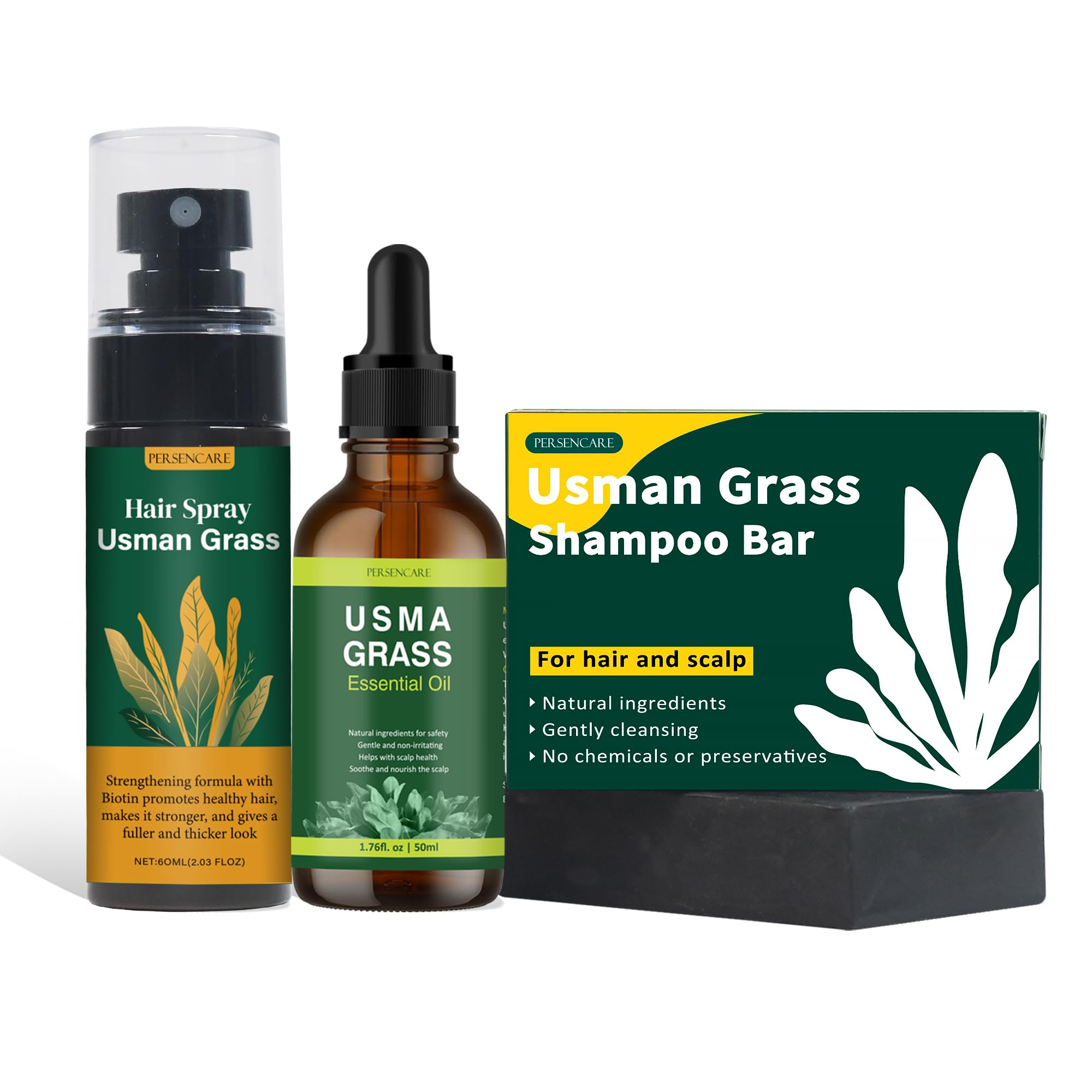 VAEYAE Usman Grass Shampoo Bar + Spray and Conditioner Essential Oil Set, Routine Black Soap for Women Hair Loss and Thinning Ha