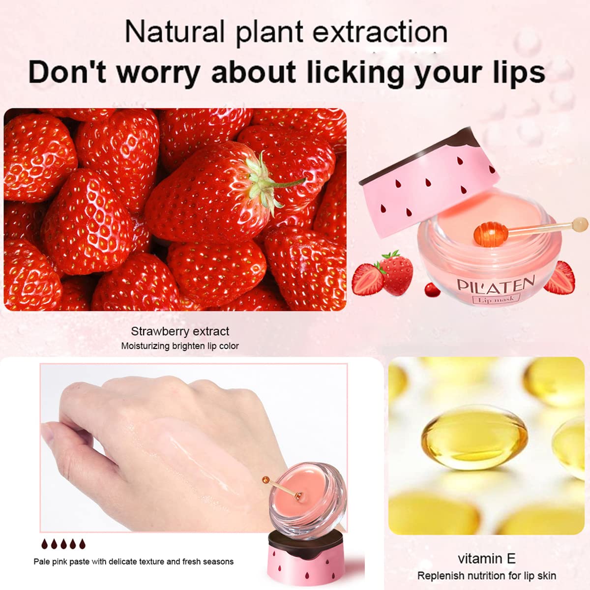 2Pcs Strawberry Lip Balm, Vitamin E Lip Masks & Moisturizing Propolis Sleeping Lip Mask, Effective Reduces Lip Lines Prevention