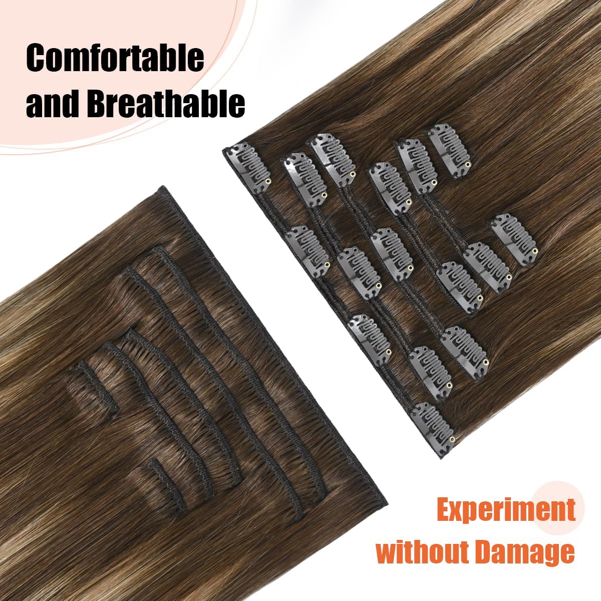 Ugotrays Balayage Hair Extensions Real Human Hair Ombre Medium Brown Fading To Caramel Blonde 12Inches 70G Highlights 100% Human