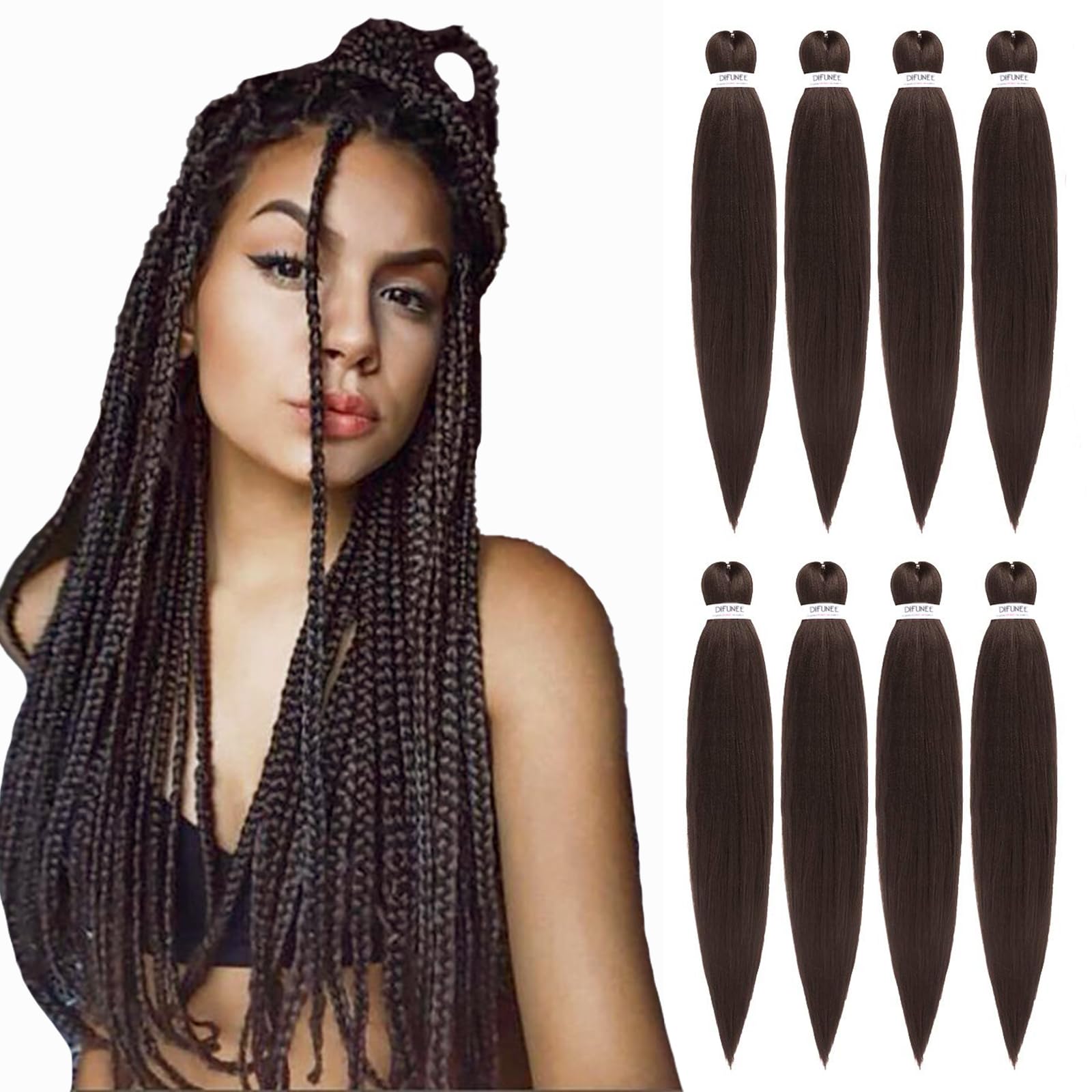 Difunee Pre-Stretched Braiding Hair - 20 Inch 8 Packs Light Brown Long Braiding Hair For Twist Or Box Braids, Yaki Texture Hot W