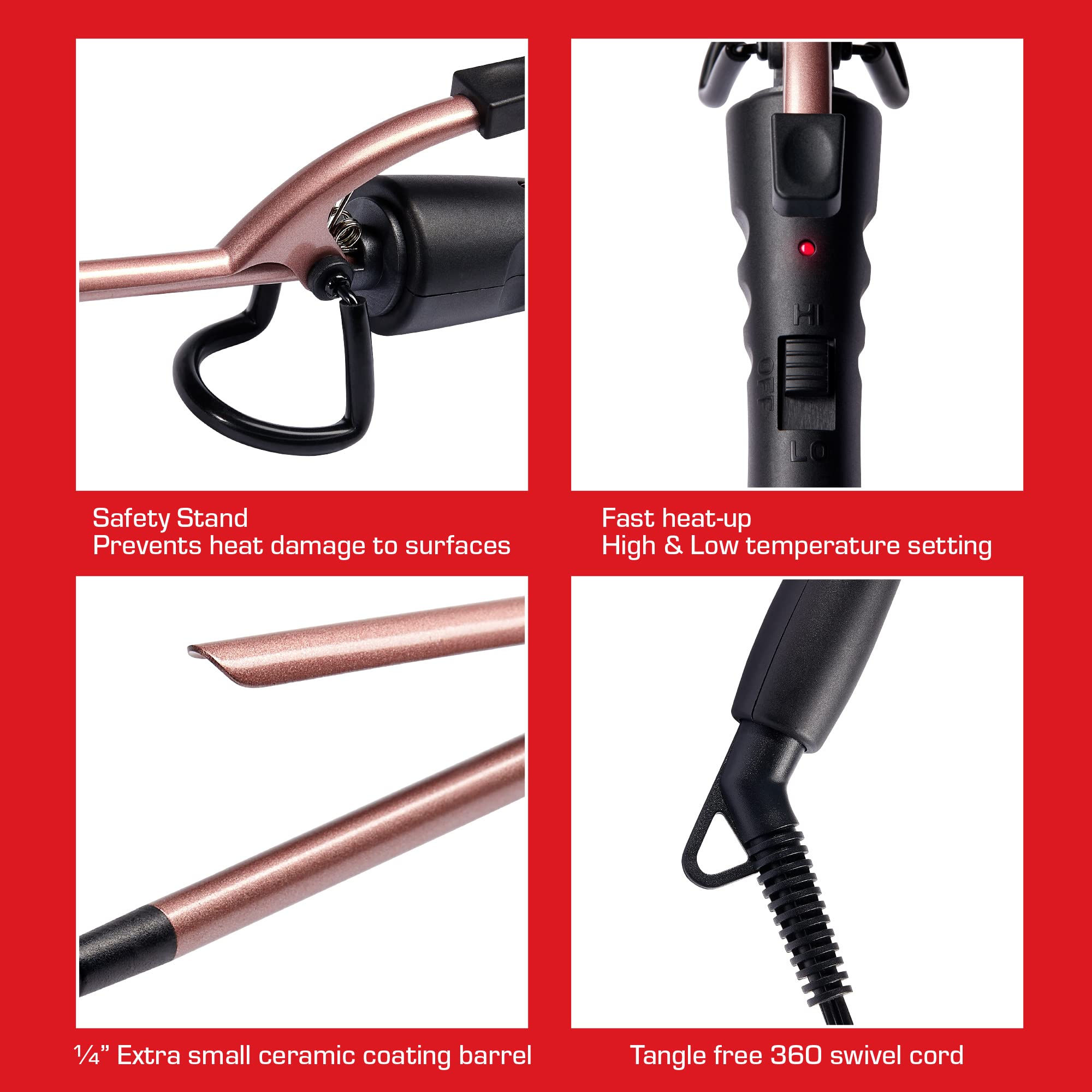 RED 1/4 Inch Thin Curling Iron, Pencil Curling Iron, Extra Small Ceramic Coating Barrel, Skinny Curling Iron Wand for Long & Sho