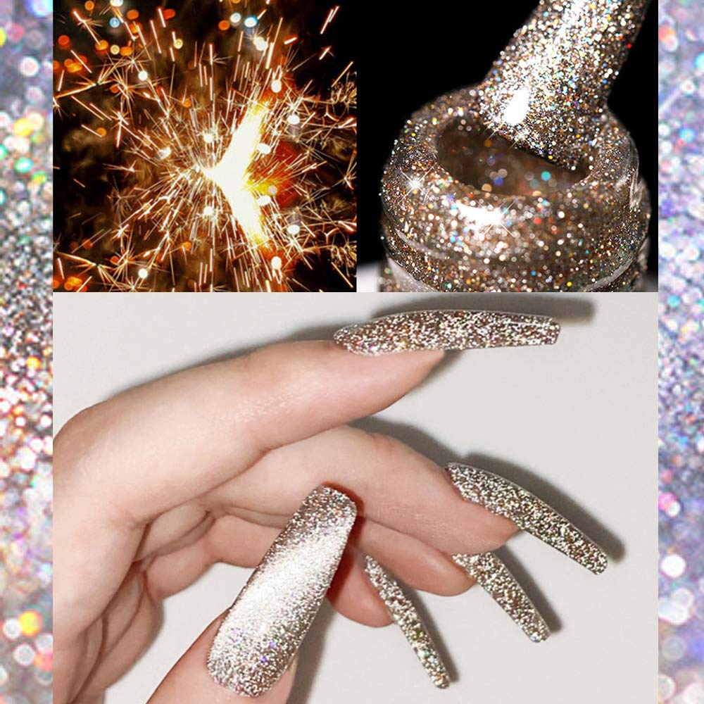 Mizhse Reflective Gel Nail Polish, Glitter Gold Gel Polish Sparkly Shiny Nail Gel Soak Off Uv/Led Lamp Nail Art Varnish For Begi