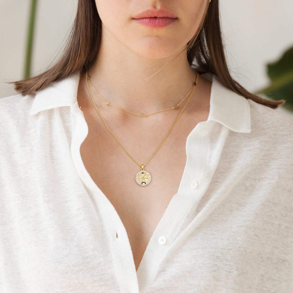 Aobei Pearl Blue Evil Eye Horseshoe Pendant Coin Necklace 18k Gold Cuban Chain with Lucky Symbol Charm Amulet Protection Jewelry