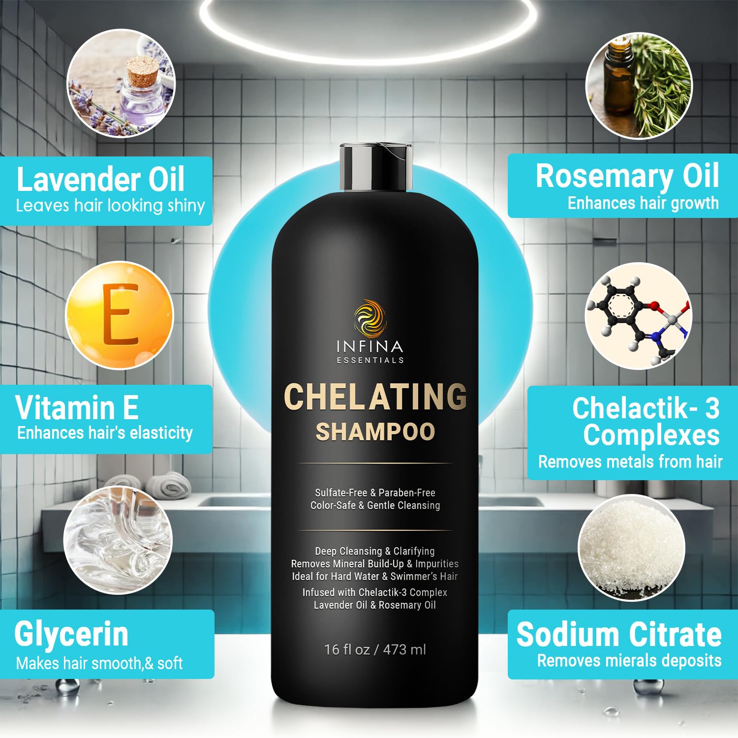 Infina Essentials Chelating Hard Water Shampoo With Chelactik-3 & Rosemary Oil - Color Safe Metal Detox Shampoo For Build-Up & S