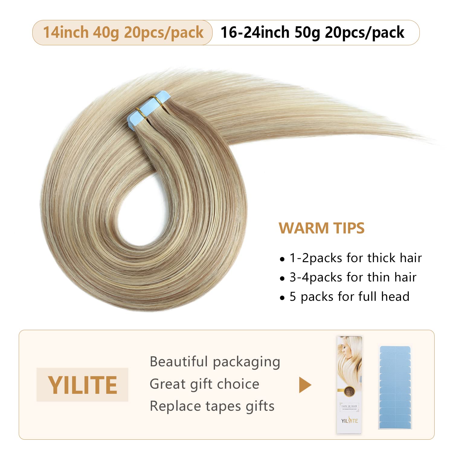 Yilite Blonde Tape In Hair Extensions 16Inch Tape In Real Hair Extensions Highlight 18 Ash Blonde Mix 613 Blonde Real Human Hair
