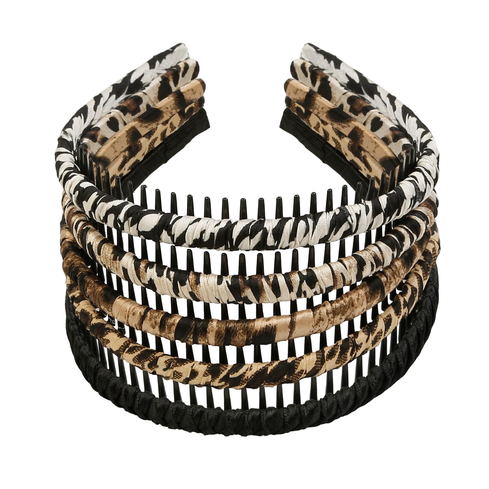 WOWOVOWOVO Headbands for Women Girls Men, Plastic Thin Hairbands with Teeth, Fashion Non Slip Elastic Black Leopard Printed Comb