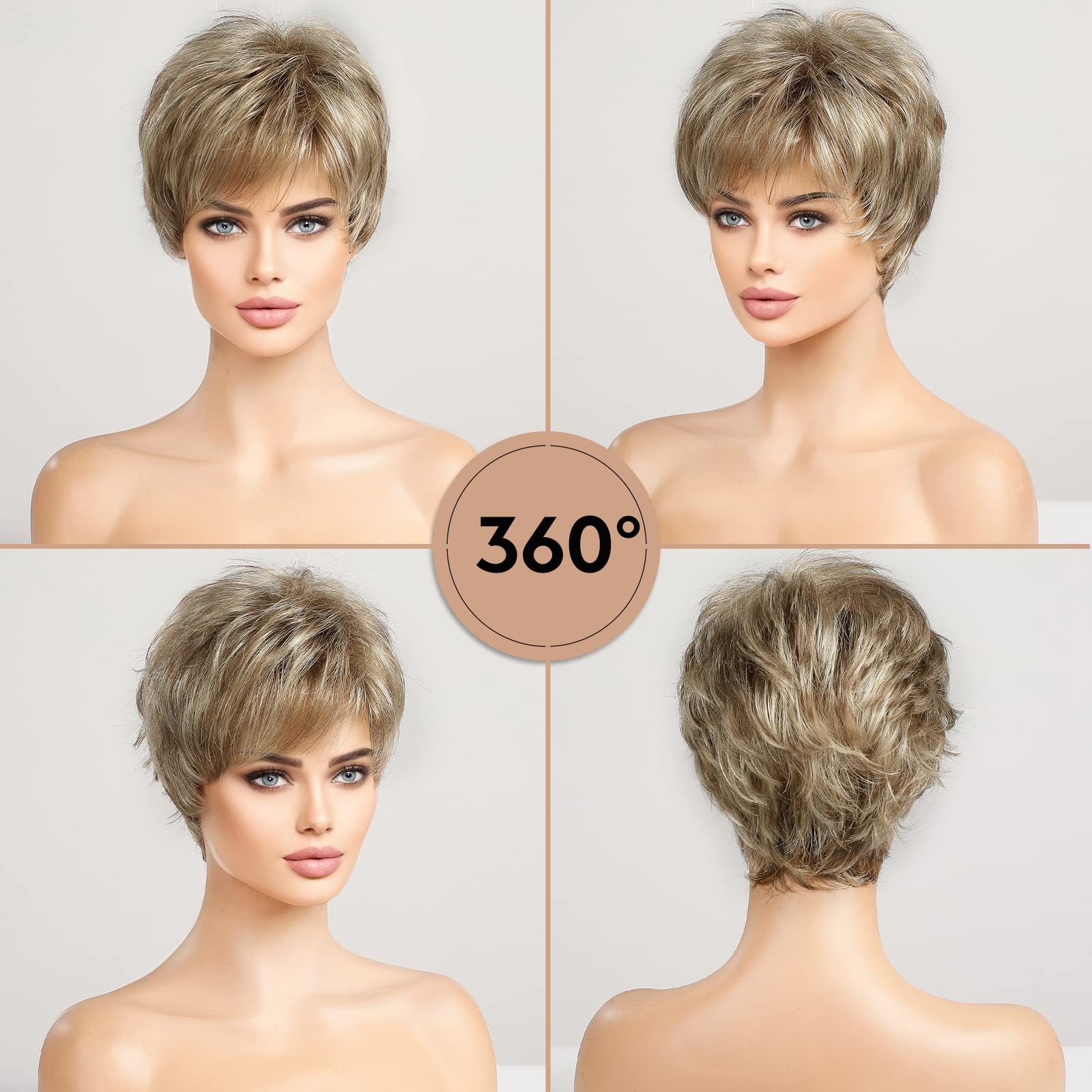 Haircube Human-Hair Like Texture Light Blonde Mixed Off-White Short Pixie Cut Wigs For Women With Bangs Synthetic Replacement Wi