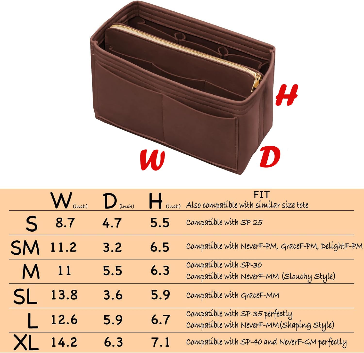 DailyPlus Felt Bag Organizer Insert with Zipper and Key Chain for Tote Purse - Brown Small