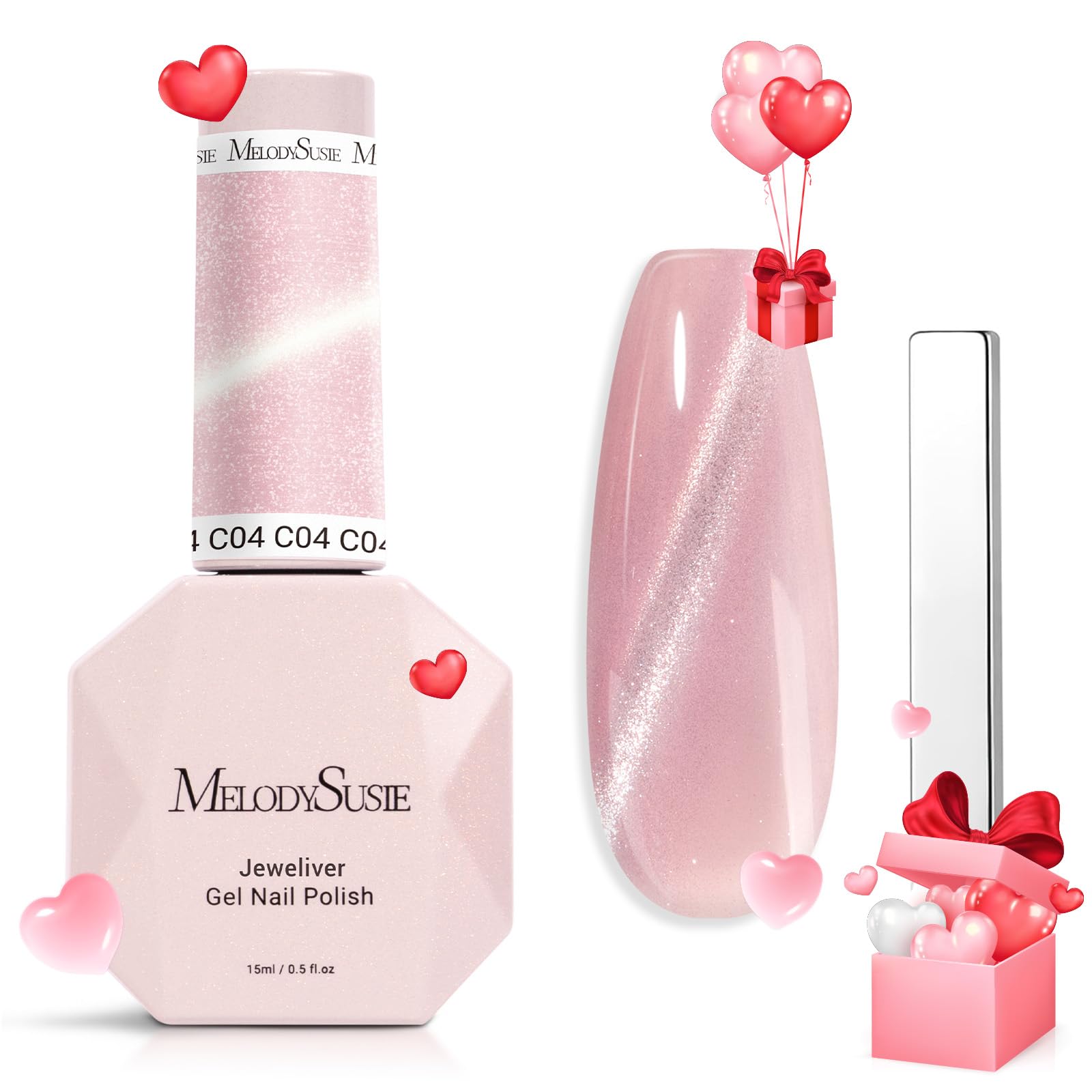 MelodySusie Jeweliver Cat Eye Gel Nail Polish, 0.5 Fl Oz Pink Glitter Holographic Magnetic Nail Polish with Magnet, UV Nail Poli