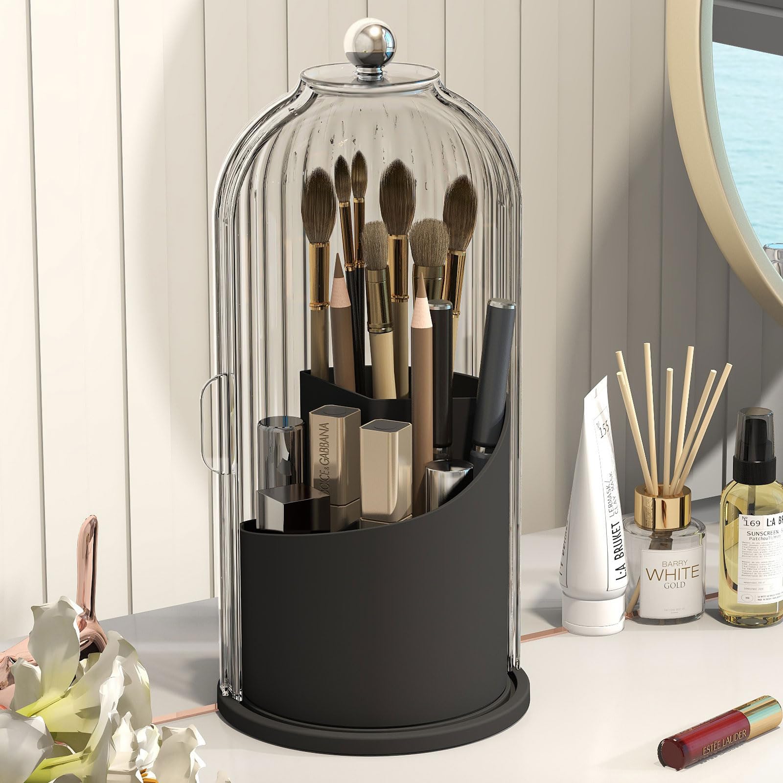 Emljkvp Makeup Brush Holder With Dustproof Cover 360 Rotating Makeup Brush Organizer For Vanity Bathroom, White/Black