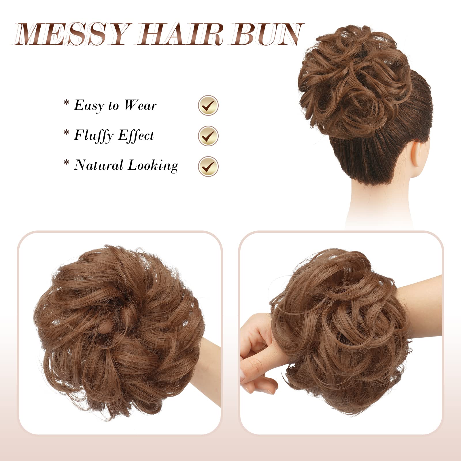 Feshfen Messy Bun Hair Piece Hair Bun Scrunchies Synthetic Light Auburn Wavy Curly Chignon Ponytail Hair Extensions Thick Updo H