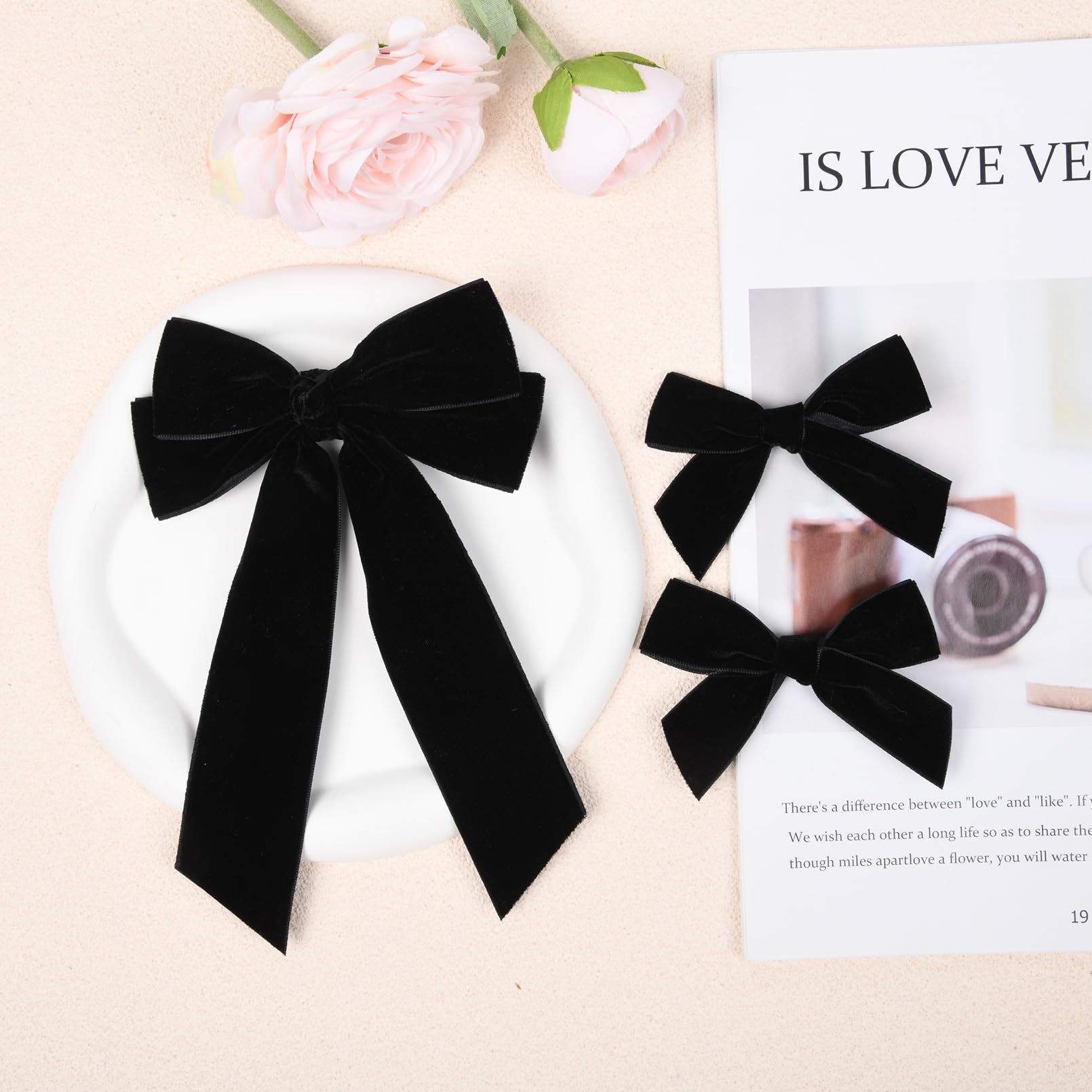 3 Pcs Velvet Bows Hair Clip Ribbon Black Accessories Ponytail Holder Hair Bow For Women Girls Toddlers Teens Kids