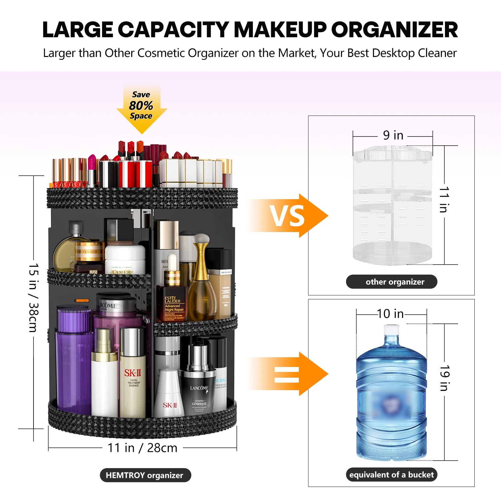 HEMTROY 360° Rotating Makeup Organizer - Extra Large Acrylic Skincare & Perfume Storage - Adjustable 7 Layers - Black - Model HT010005