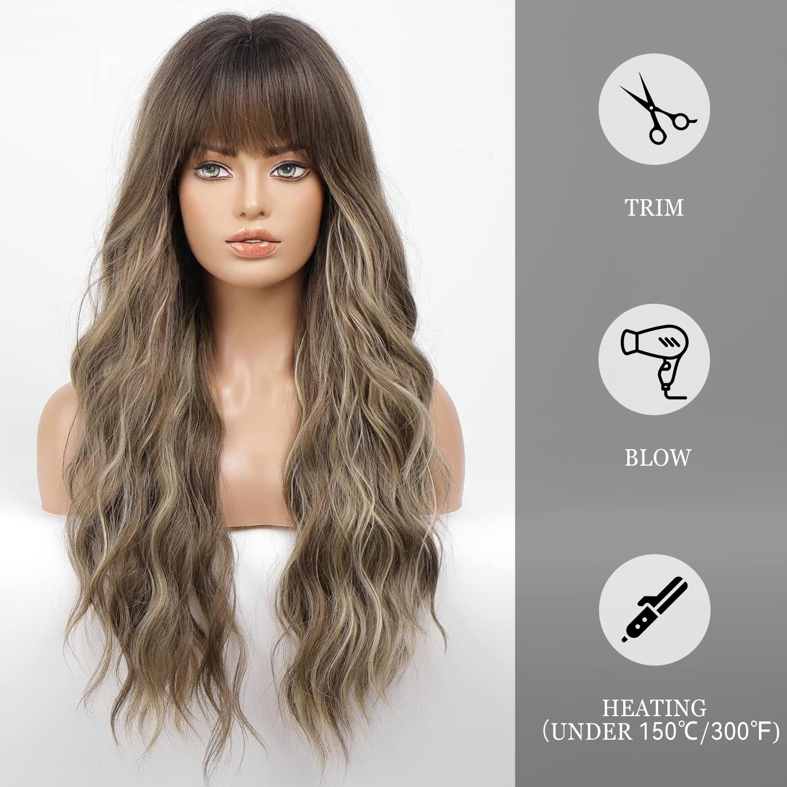 Haircube Brown With Blonde Highlight Wig Long Curly Wig With Bangs Brown Wig Natural Appearance Heat-Resistant Synthetic Wig Sui