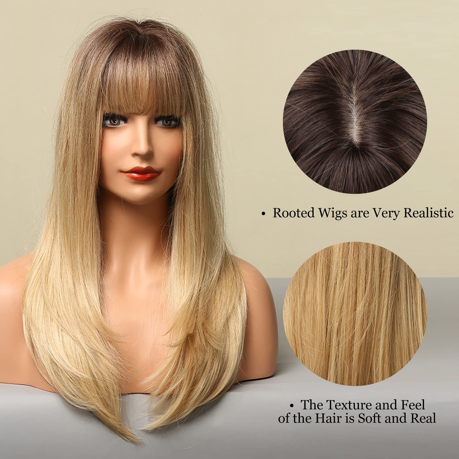 HAIRCUBE Blonde Wigs for Women Long Straight Ombre Wigs with Bangs Heat Resistant Fiber Synthetic Wigs Daily Natural looking